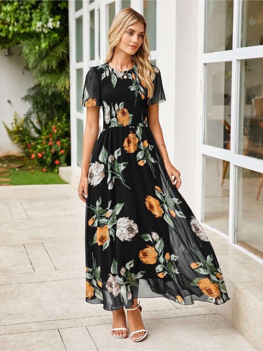 Women's Black Crew Neck Floral Boho Flowy Short Sleeve Cocktail Maxi Dress - Picture 4 of 6